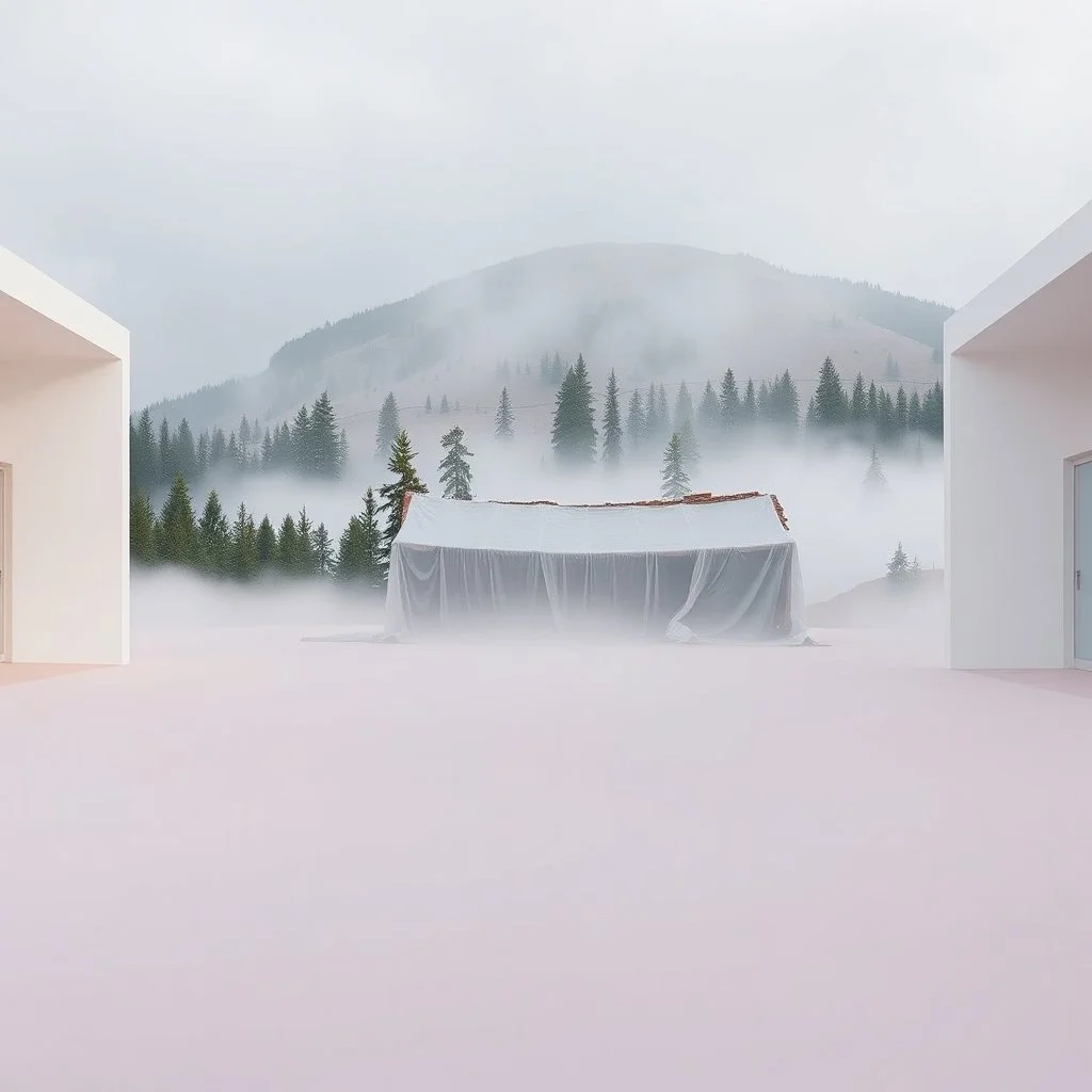 A super high definition photo of an open space with white structures and a large computer screen. A transparent tarpaulin covers a ruined building. There is a group of fir trees in the background and a high hill in the distance. The surface below is in a pastel color. Fog is present.
