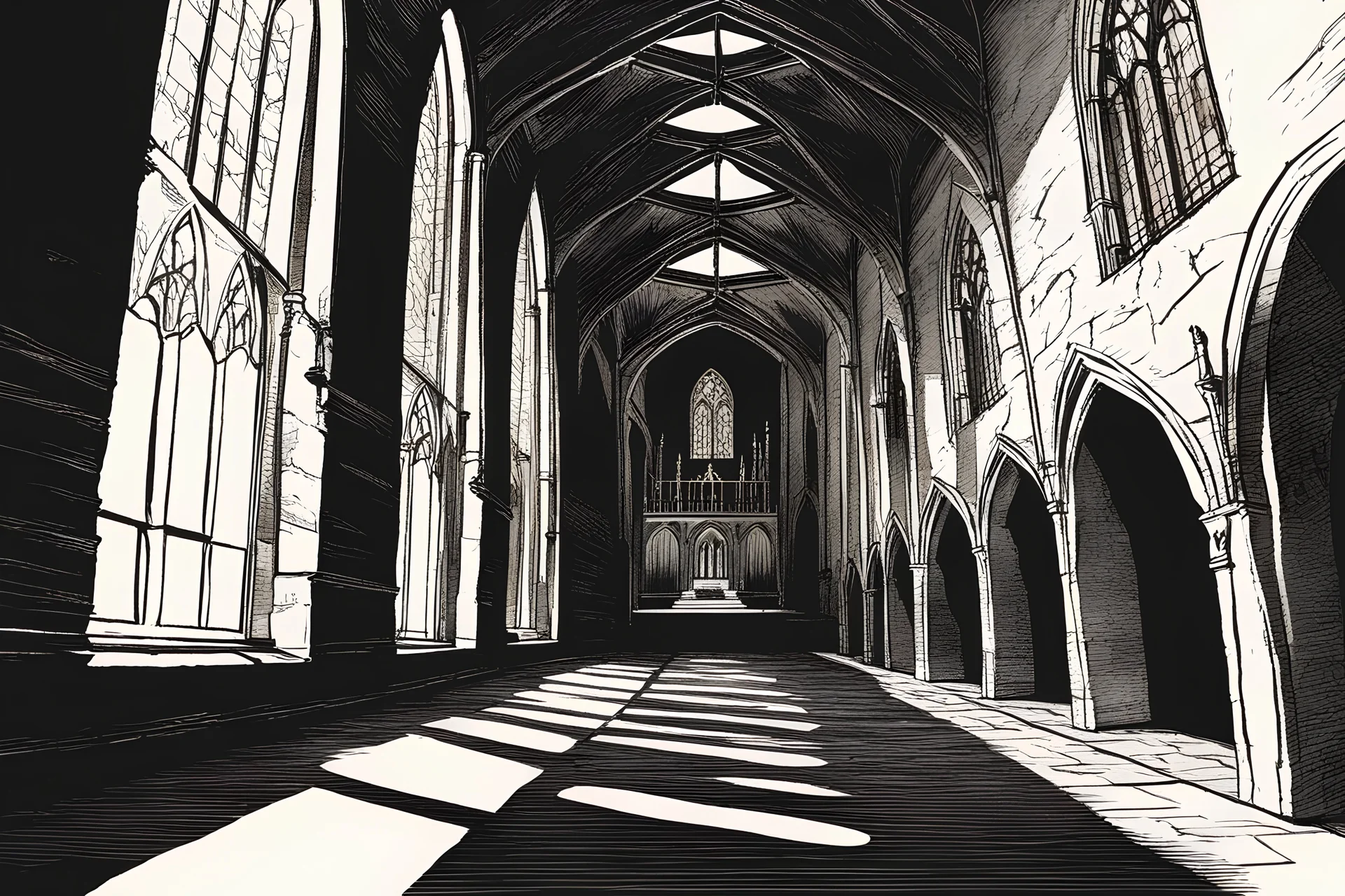 Church interior, corridor, medieval, illustration, shadows,