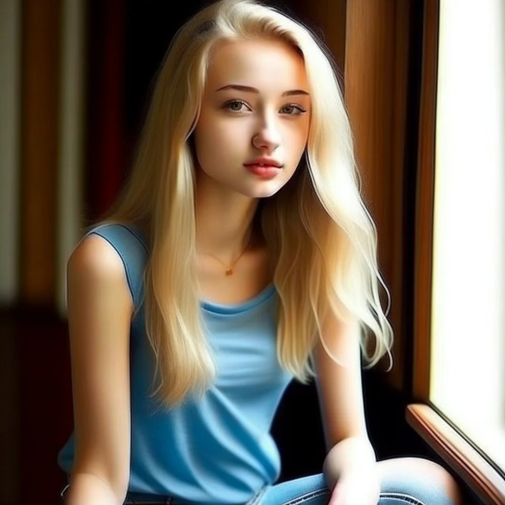 pretty girl, aged 18, blonde, conventionally attractive, dreamy, jeans, tight top