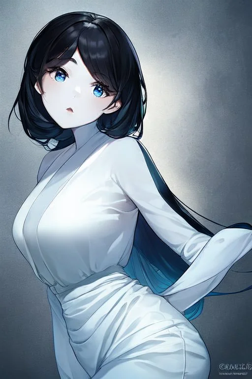 generate a realistic image of a skinny girl with white skin blue eyes and black hair