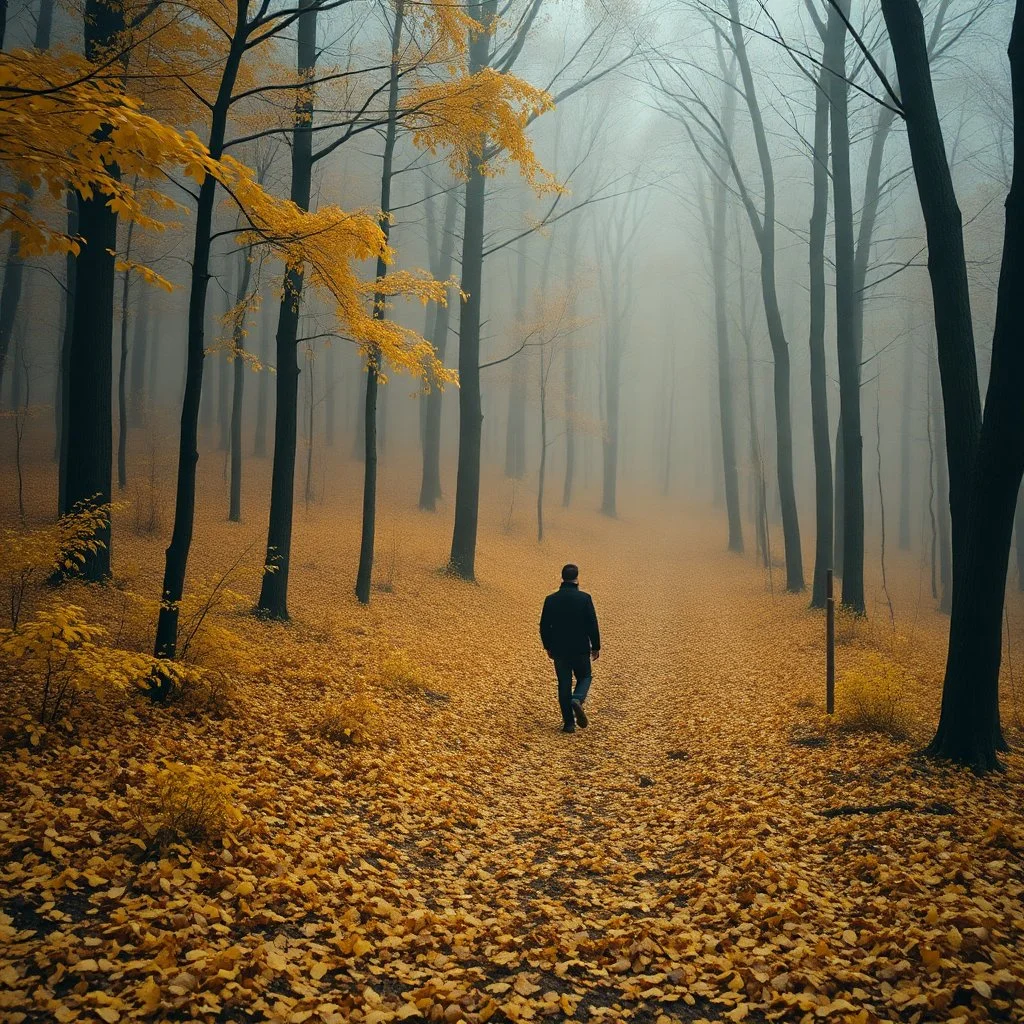 Award-winning fine art photography of a solitary figure walking through a magnificent autumn forest covered in golden leaves, soft atmospheric fog, cinematic lighting, emotional storytelling, rich color palette, captured with a Hasselblad medium format camera, museum-quality fine art print, masterpiece,, 64 k