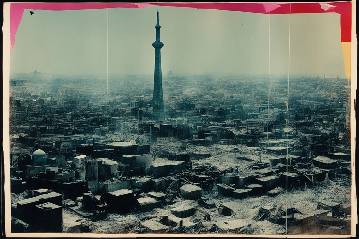 file of a Secret mission in Tehran to stop the war [Shattered Image by multiple bands of collage, distorted colours, double exposed: The Electronic Revolution by William S. Burroughs (1970)]