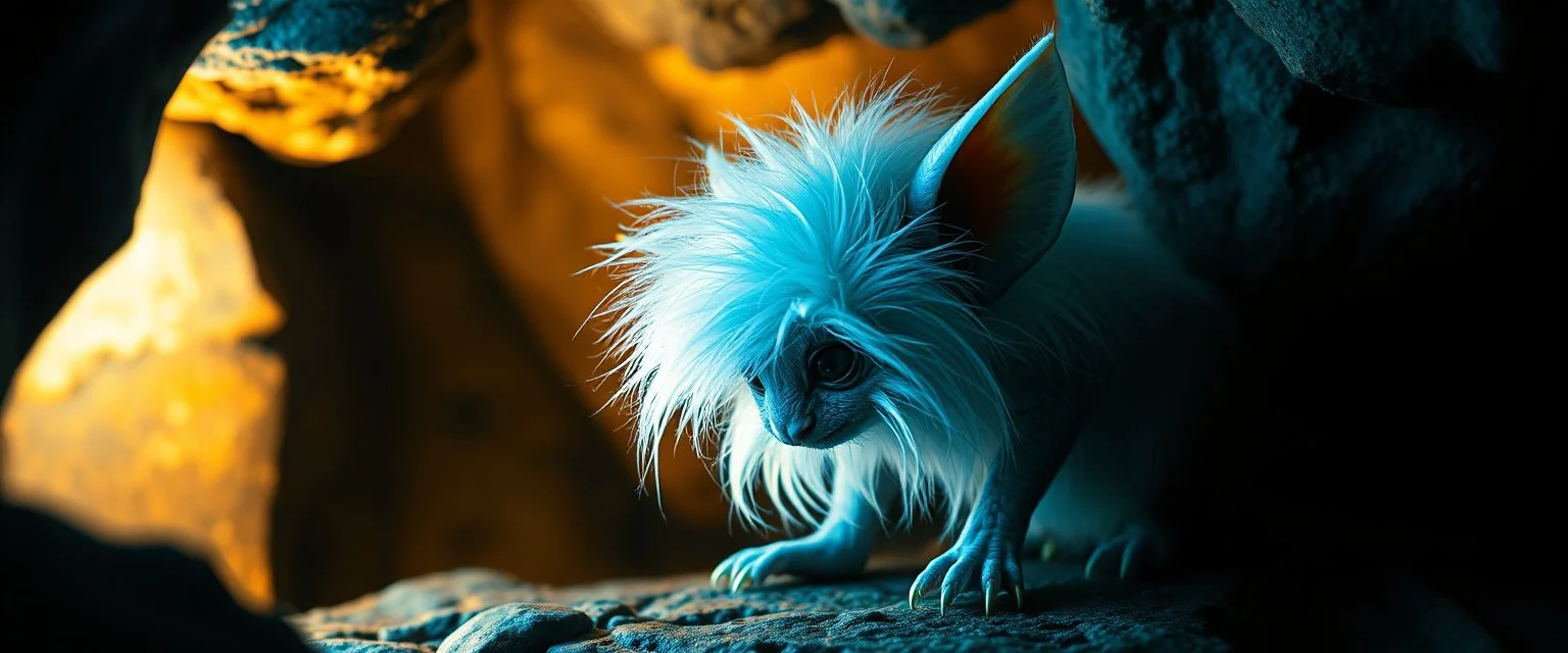 pen outline with some neon airbrush, glowing quickling pixie gremlin in the shadows with long fluffy white fur looking at awesome glowing cave painting, pin hole camera, in the style of Rembrandt