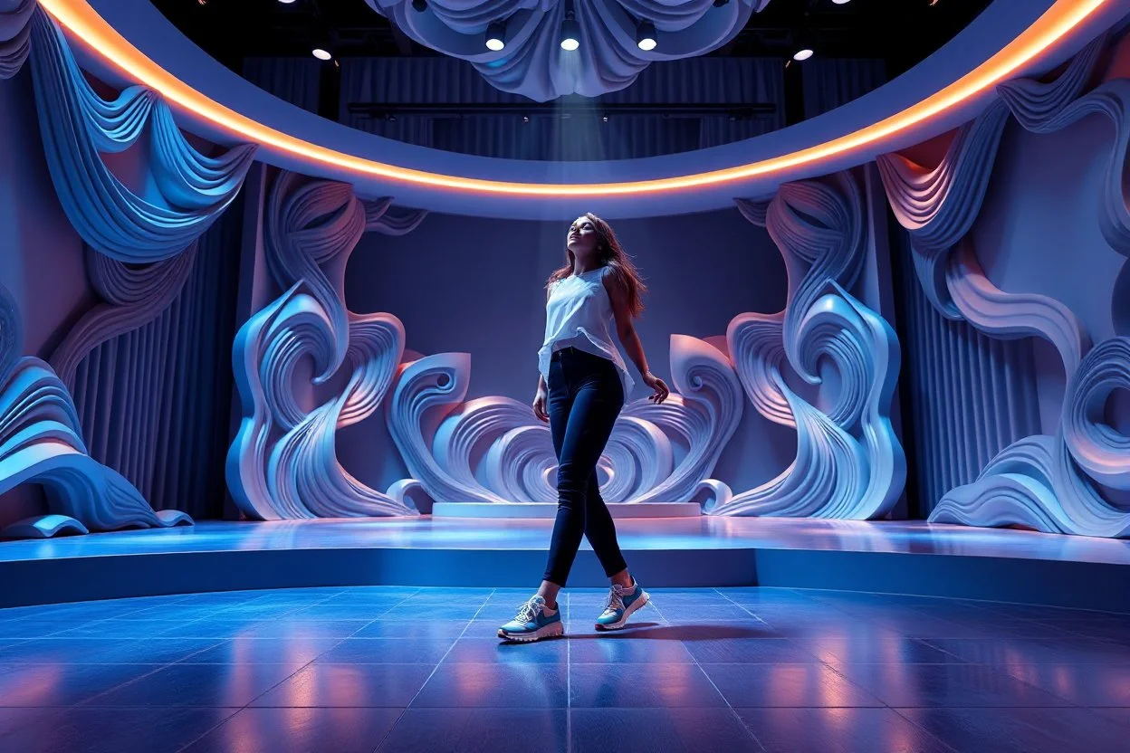 modern stage with gray-blue theme artistic decoration , color full dynamic lighting, a beautiful lady in pants and blouse with sport shoes dancing, 3D recursive fractal structure animating background