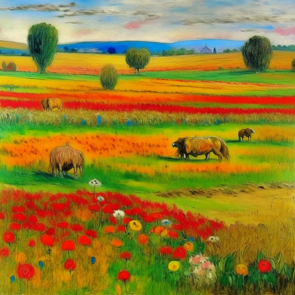 A field with flowers, haystacks, and animals in aboriginal art painted by Claude Monet