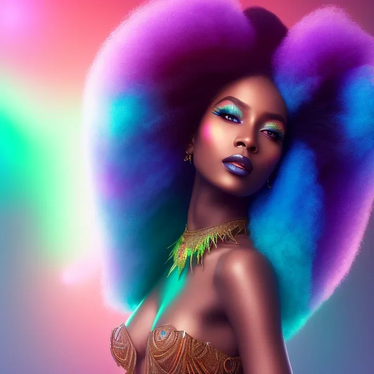 full body shot, masterpiece, best quality, black skinned, sparkling eyes, long hair, gorgeous African Fairy queen,wings,fluorescent skin,light blue makeup,synthwave, light indigo, trasparent , irridescent, highly detailed body, sun light, 4K, RAW, depth of field, high contrast, realistic details, 24mm vaporwave aesthetic, synthwave, artstation, concept art, smooth, extremely sharp detail, finely tuned detail, ultra high definition, 8 k, unreal engine 5, ultra sharp focus