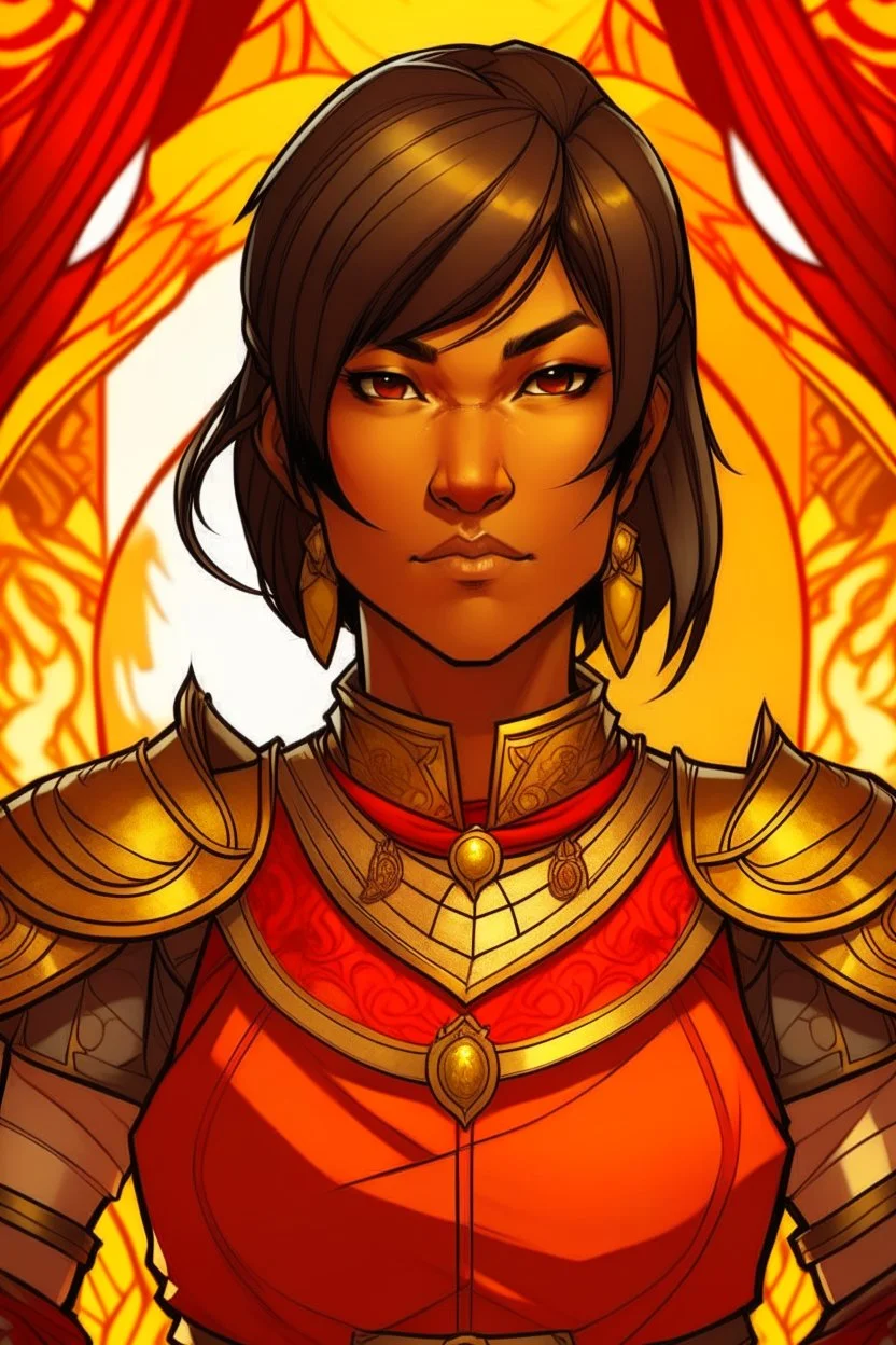 an anime drawing of a 40 year old thai woman. she looks middle aged. and has a stern look on her face. round face. dark tan skin, toned and muscular. short in height. dark brown hair in a bob cut. she is wearing an armour over a beautiful thai gown. she has a sun themeing. and the color scheme is red and yellow. she is holding a shield and a sword