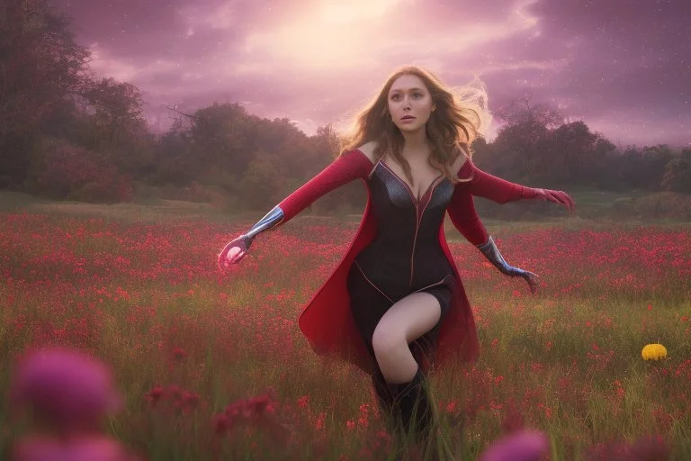 Feiticeira escarlate, Elizabeth Olsen, feiticeira, magia, bonita, cenário em um campo de flores, cinematográfico, dramático, por do sol, campo de flores, cores frias