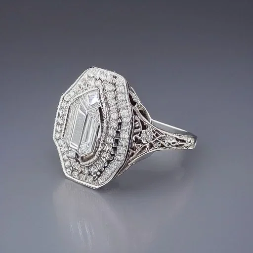 platinum and diamond filigree art noveau ring, breathtaking, highly ornate, delicate, intricate, photorealistic, high fashion, fine jewellery, luxury, designer