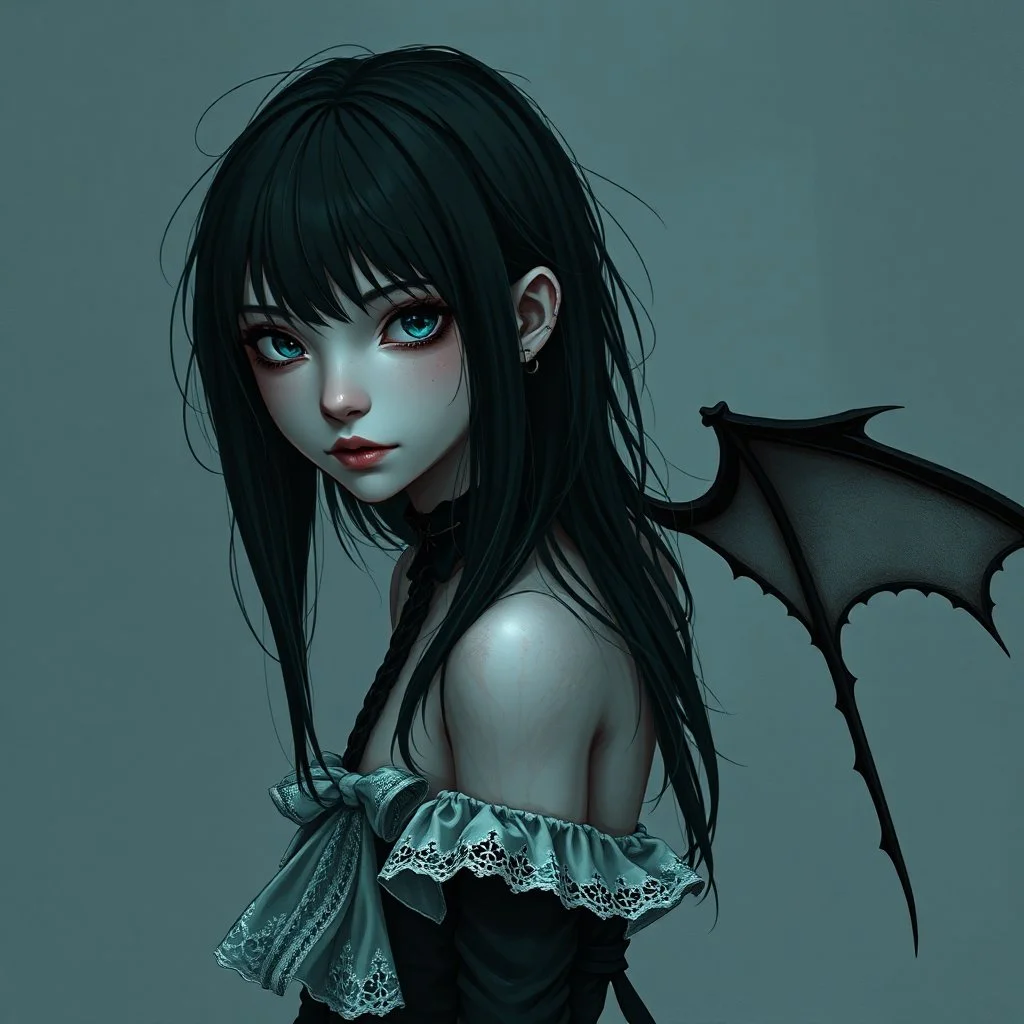 a pretty girl, skinny, dark hair, gothic clothes, dark fantasy, pale, stylised, young,