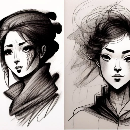 a drawing of two women's sketched on paper, in the style of quirky expressions, rusticcore, chiaroscuro sketches, yosuke ueno, rough clusters, close up, comical caricatures