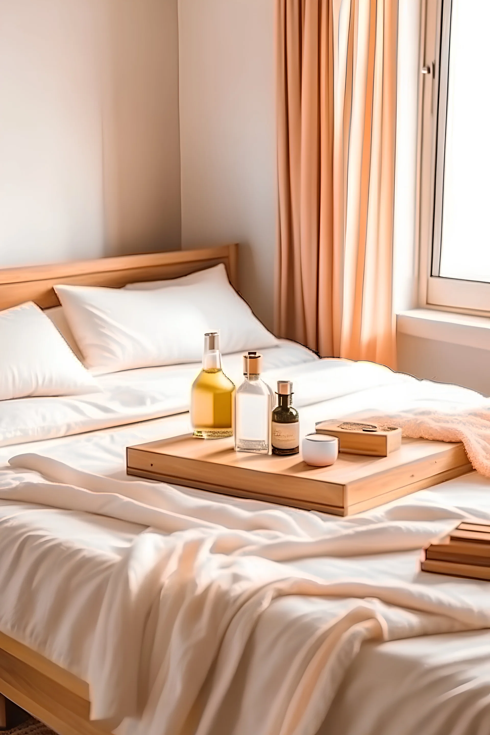 Bedroom with a light summer quilt in beige. Pillow . A table of wood with a toothbrush. And one box of perfume