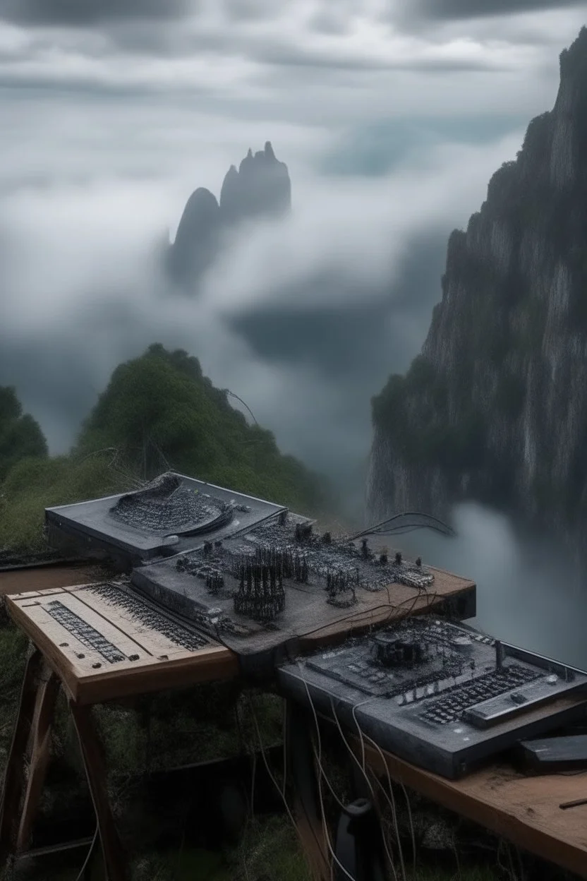 A hooded man standing on tbank of a torrent of river and clouds from far away gothic theme