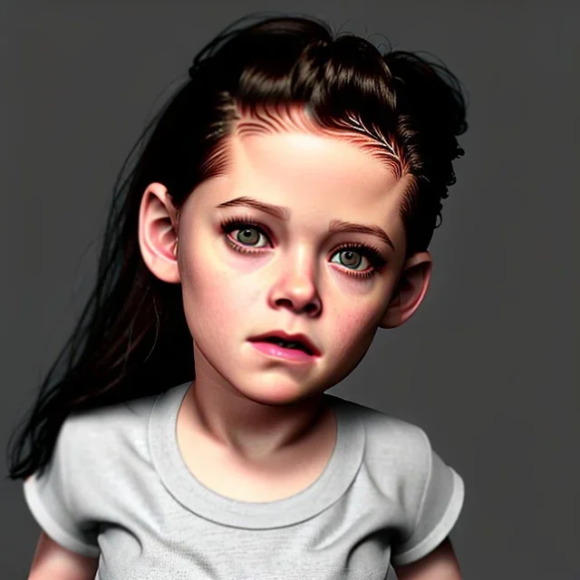 Kristen stewart toddler, full body, dramatic lighting, hyper realistic