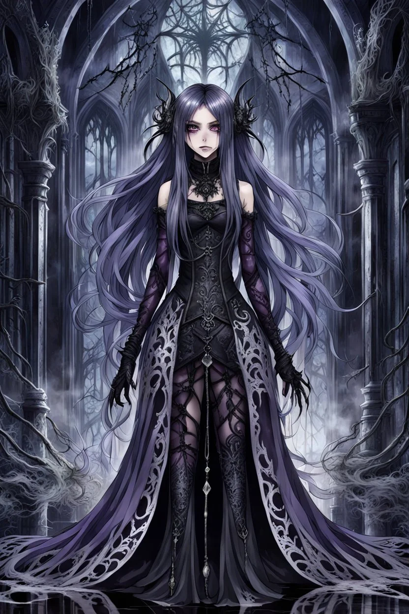 a dark fantasy anime character with large expressive dark eyes goth make up, dark-purple-black-silver color long hair that appears to flow like water. The surreal stunning character wearing a whimsical dress adorned with gothic patterns , silver lines, lacy, and standing in a surreal, nightmare haunted hall. ruins, random dark fantasy background, pale light, raven, spider on corner