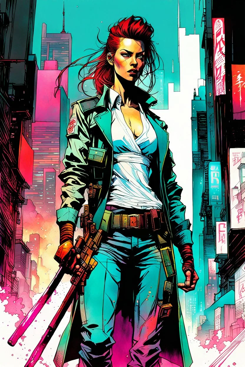 create a full body portrait illustration of a cyberpunk samurai female police detective, with highly detailed and deeply cut facial features, in a chaotic, turbulent, otherworldly city in the comic art style of BILL SIENKIEWICZ and JEAN GIRAUD MOEBIUS, searing lines and forceful strokes, precisely drawn, inked, and darkly colored