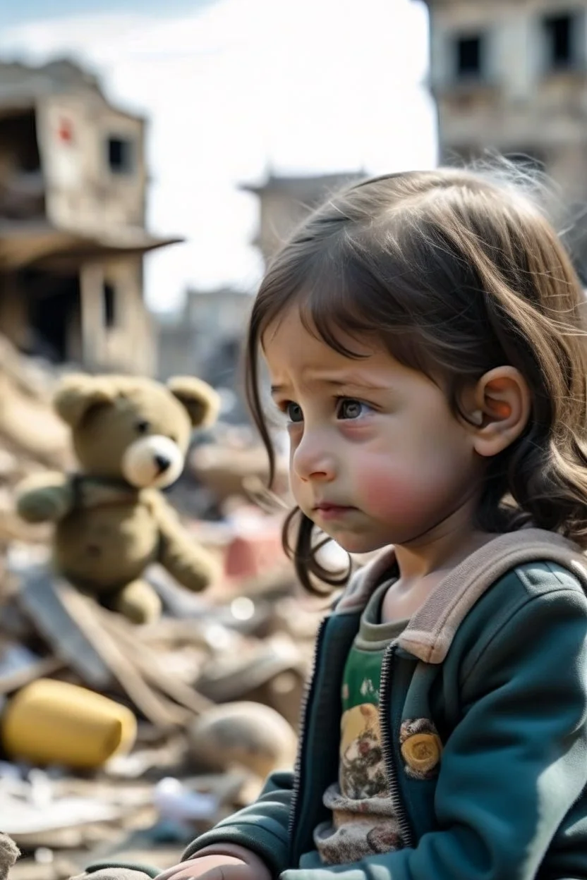 side view to palestinian little girl looking at face to face her toy with tears and Destroyed buildings in the background