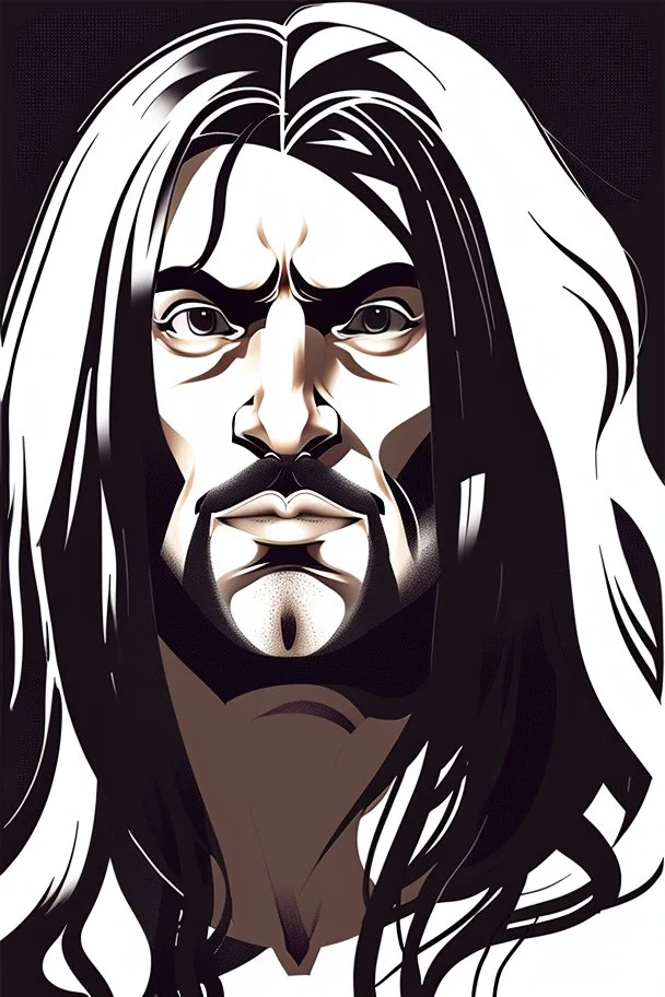 This image depicts a lifelike caricature of a man with long hair. The man is the central figure in the picture, taking up most of the space, with his features and hair color against a white background. The image has an artistic style that leans toward abstraction, making it an interesting piece of art. The man's face is one of the most dominant aspects of this image. His facial features are emphasized, and a lot of character is shown, which is typical of anime drawings. This photo doesn't h