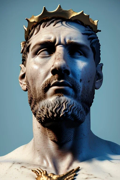 Ultra Realistic image, Roman sculpture, white marble material, Lionel Messi, gold crown of natural thorns, god crown, Renaissance style, sun rays background, waist up portrait, epic, celestial, cinematic lighting, God lights, 4k resolution, smooth details, soft lighting, unreal engine 5, art station, substance 3d.