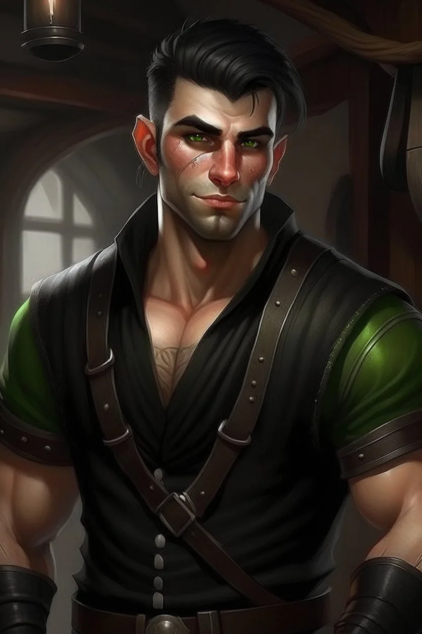 strong young half orc male who works at a tavern with short hair realistic wearing black clothing