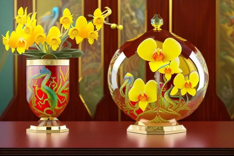 hypersigil photograph of a beautiful yellow and red orchid in a clear glass rococo inspired vase on a mirrored deco themed end table in a shadowy corner of a nouveau era room with wood paneling in the style of Robert maplethorpe, tropical birds, lizards, snakes, insects, gorgeous, shamanic, ethereal, photorealistic, embellishments, long shot, wide shot, dof, deep focus, 3d render