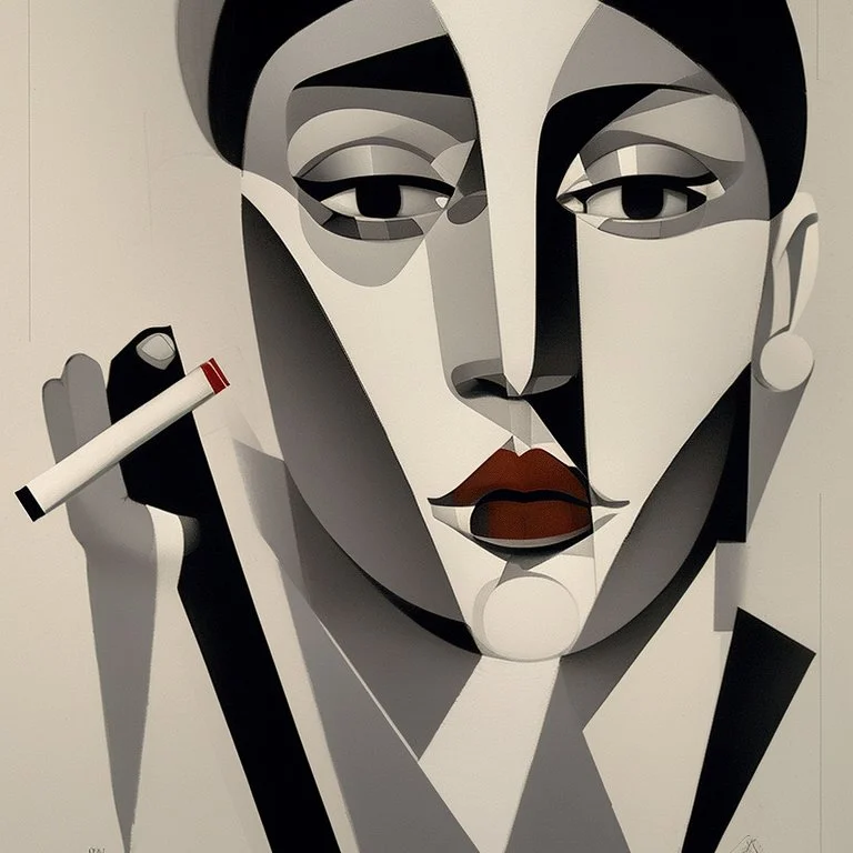 a black and white photo of a woman with a cigarette, a cubist painting by Alexander Archipenko, cgsociety, cubism, cubism, angular, picasso