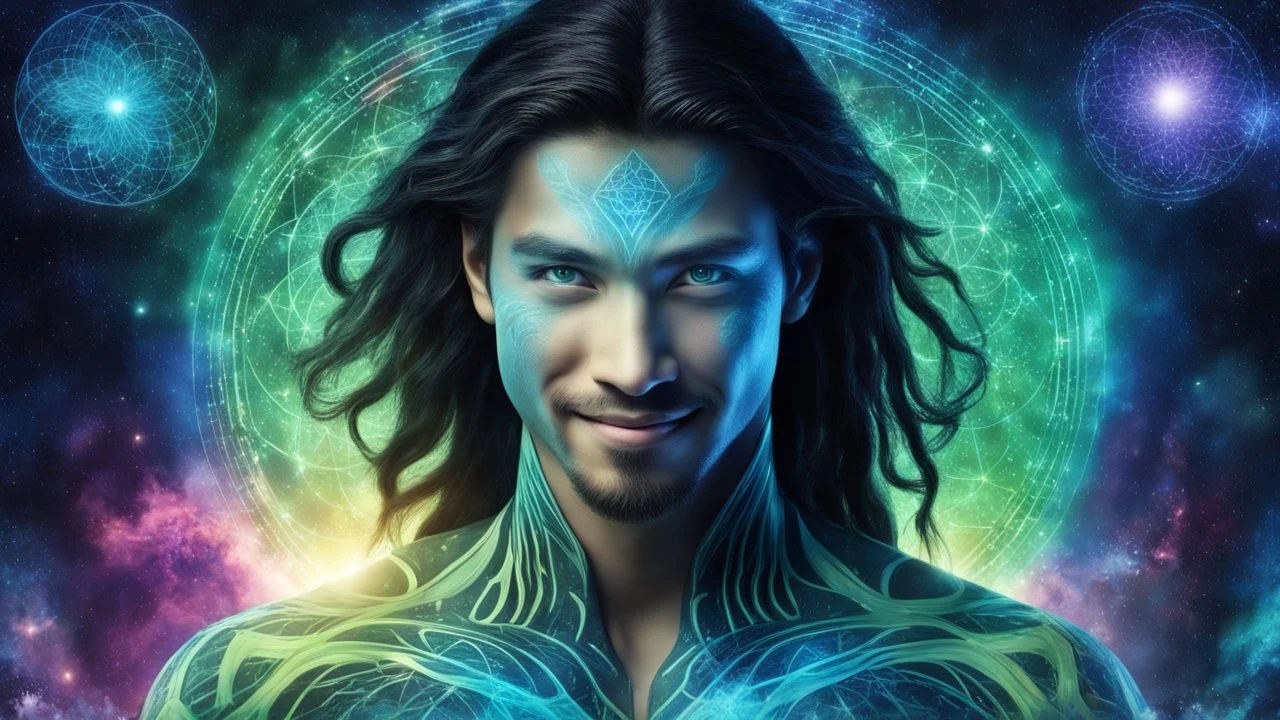 beautiful gorgeous young man na'vi with long hair, Avatar, blue skin, two small ears, green eyes, black hair, in cosmic suit, galactic ambiance, medium pointy goatee , smiling, nebulas and sacred geometry light figures on the backgroud,