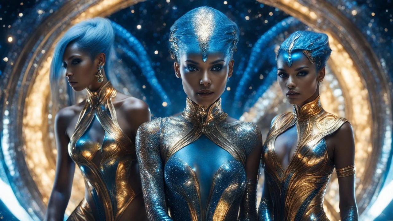 couple, humanoid woman, alien, double exposure, silver skin, slender muscular warrior, tentacles, gold, blue, copper-zinc orichalcum jewelry and piercings, beautiful face, mesmerizing starry eyes, smooth translucent skin, hourglass, glowing, glare , size DD.