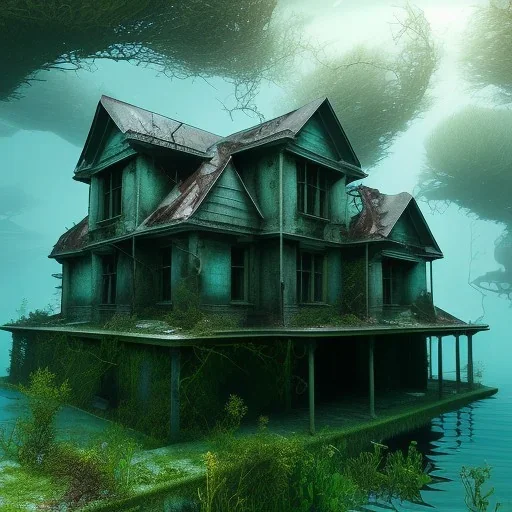 Abandoned house, overgrown, partially submerged,Interior