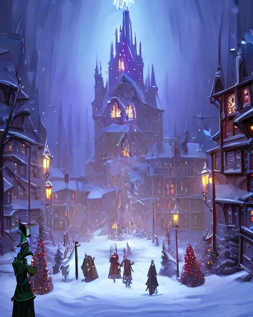 A magical snowy gothic warlock Christmas market with a large Christmas tree and a castle