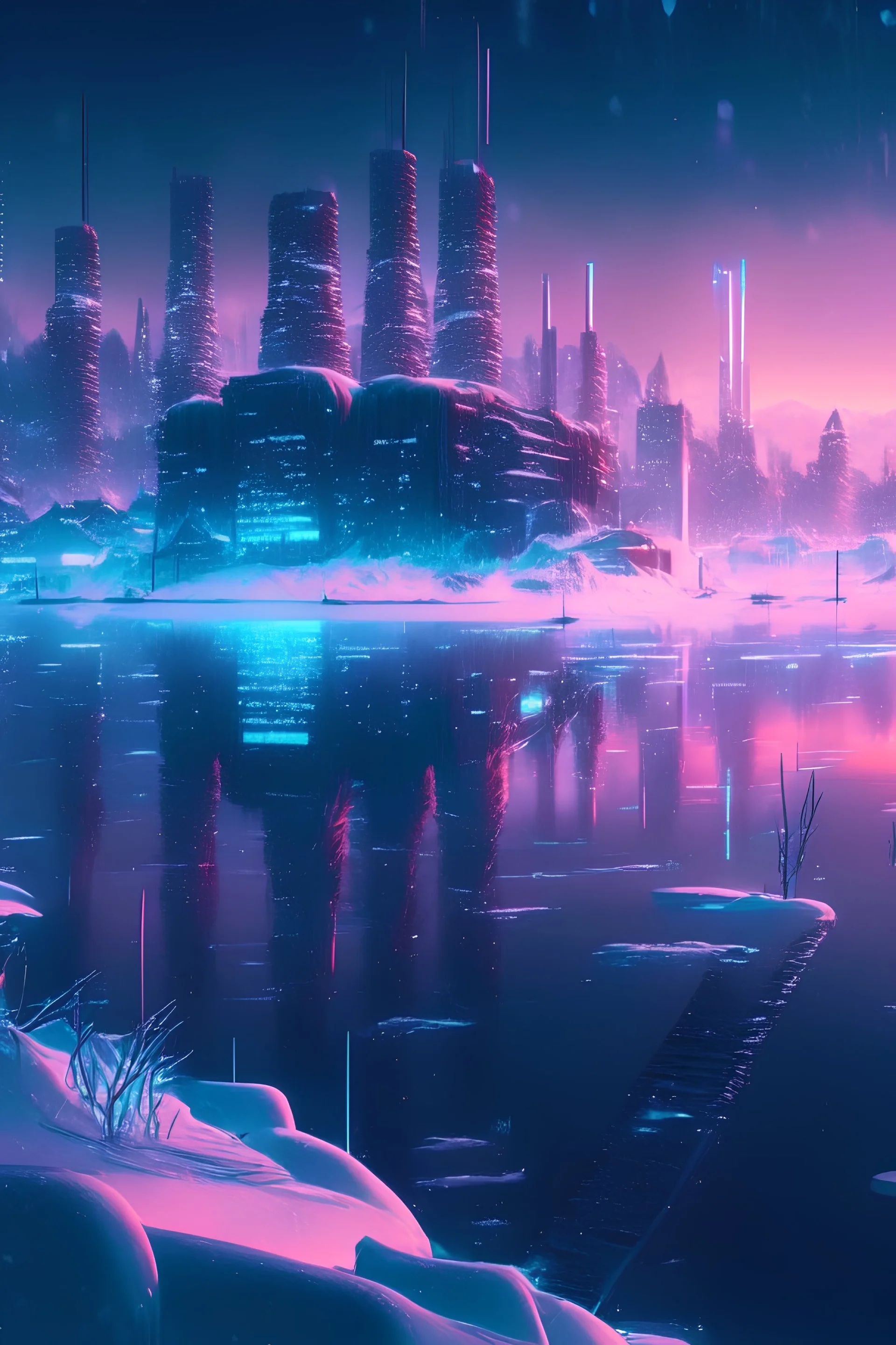 winter, fluffy snow, beautiful, frozen lake, modern cyberpunk city in the distance, neon lights from the buildings, fantasy world, 4k