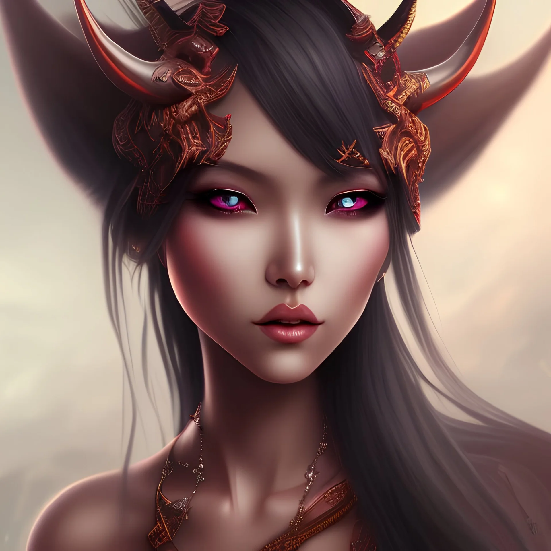 close up of a pretty demon asian girl with devil horns on her head, with brown eyes, detailed, looking at the camera, princess