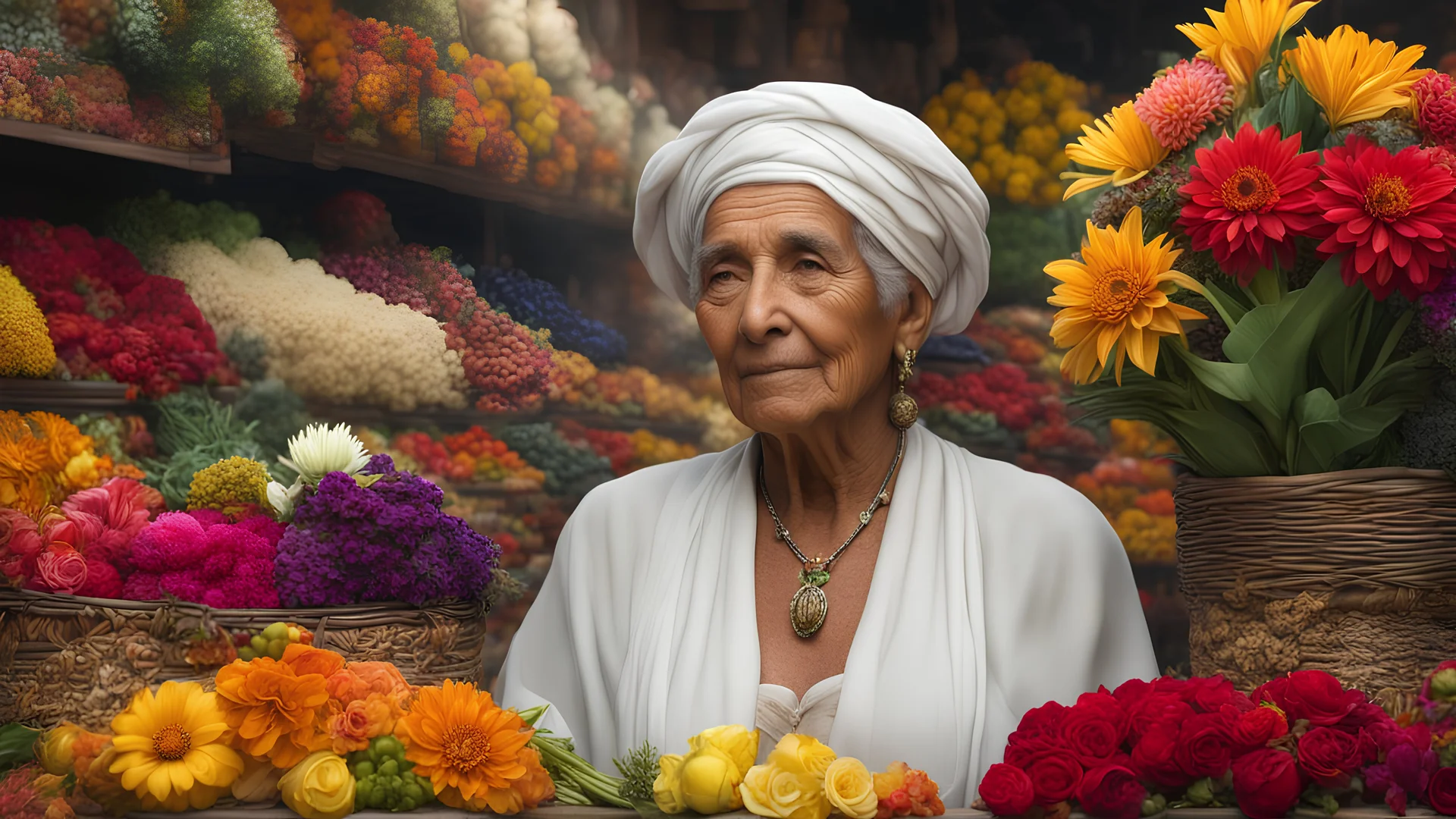 elderly female market trader selling all kinds of exotic flowers, showing his head and upper body, perfect eyes, perfect anatomy, exquisite composition, beautiful detailed intricate detailed octane render, 8k artistic photography, photorealistic, soft natural volumetric cinematic perfect light, chiaroscuro, award-winning photograph, masterpiece, raphael, caravaggio, bouguereau