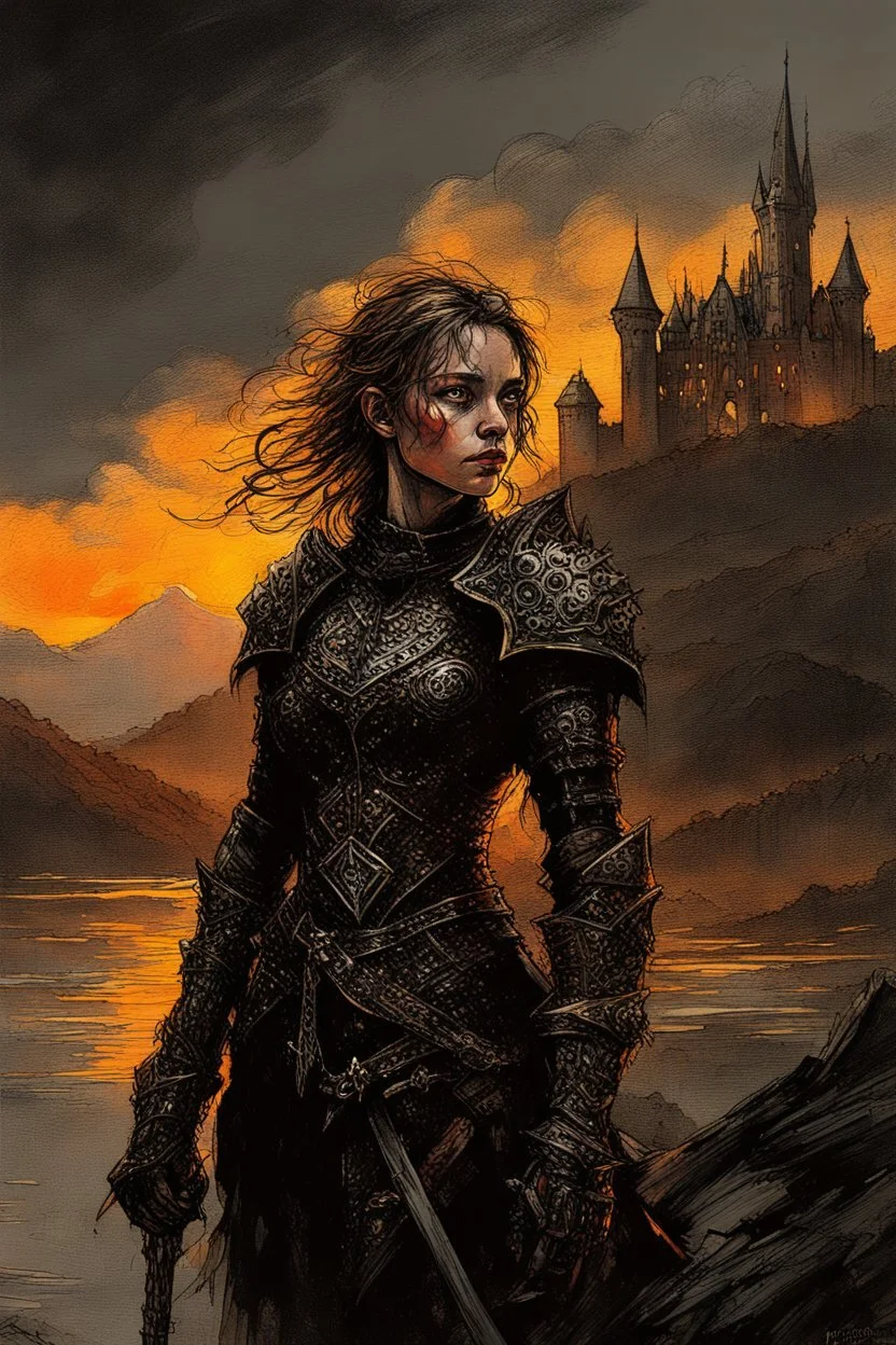 A formidable warrior girl in black armor, on the background Amazing gloomy landscape, flooded with sunset, mountains, trees, fabulous scary hero, , juicy emotions, painting, dark fantasy, gloomy day, dark world, portrait, Gothic Town At Night, Fantasy, Intricate Details, Castle Courtyard Gardens, Hyper Detailed, Jean Baptiste Monge, Carne Griffiths, Michael Garmash, Seb Mckinnon, Masterpiece