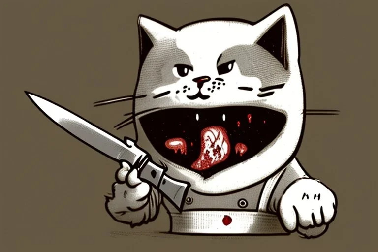 Cat diabolical smiling with a bloody knife with blood. Illustration.