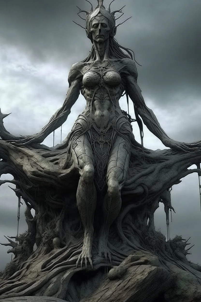 sculpture of goddesses on a top of a mountain open his arms . decayed and rotting with grotesque proportions and imagery. abstract grotesqueries, detailed texture, surreal horror, biomechanical design, by hr giger and beksinski