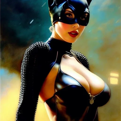 Drawing of beautiful face,'beautiful ,Busty CAtWoman',intense stare, ancient skintight armor, balanciaga fashion clothe painting by gaston bussiere, greg rutkowski, yoji shinkawa, yoshitaka amano, tsutomu nihei, donato giancola, tim hildebrandt, Oil on canvas, cinematic composition, extreme detail,fit full head inside picture,16k