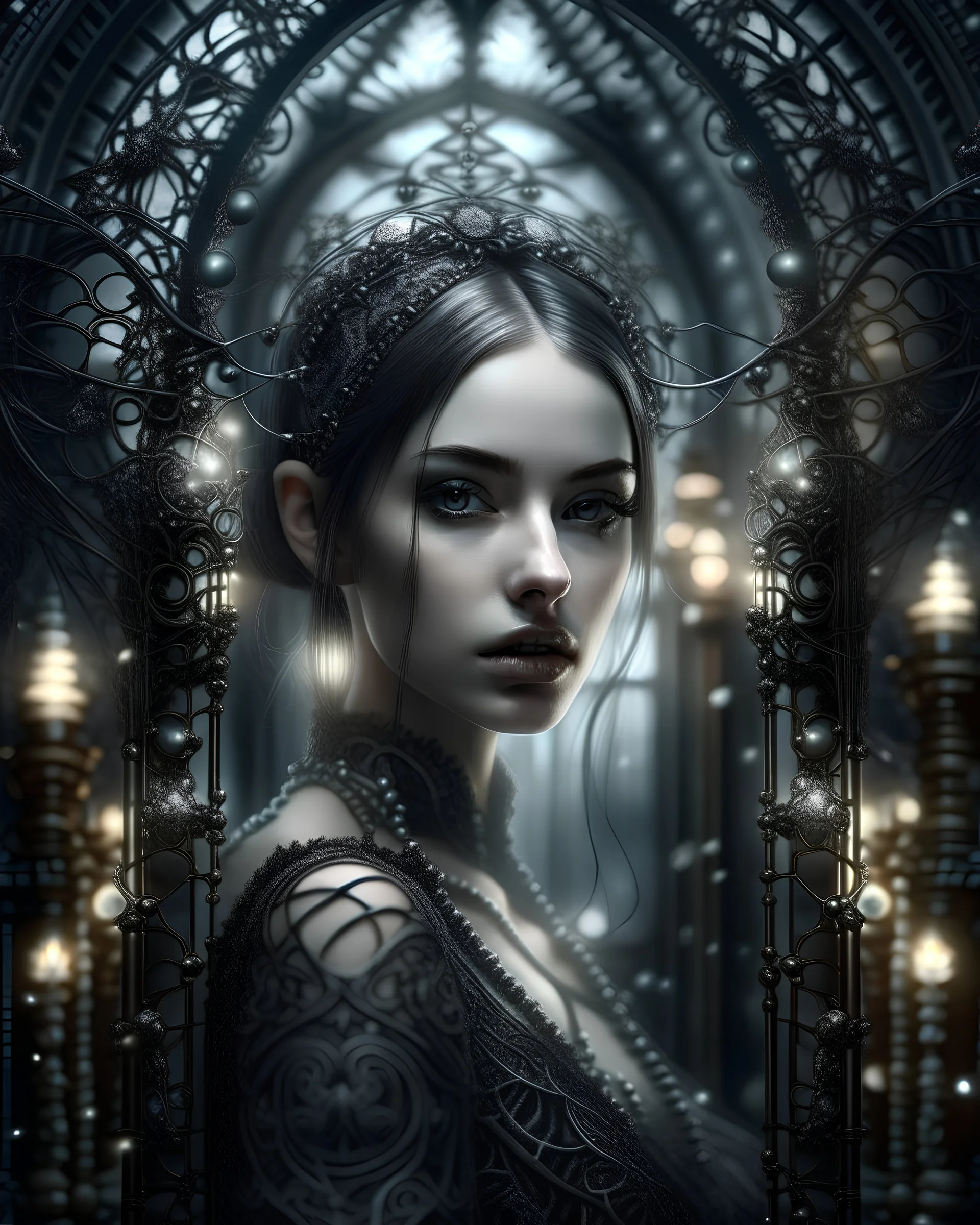 create hyperreal woman portraita gothica rennaisance áll the ornaments are gothic rennaisance metqllic qnd glass ivory filigree gothic rennaisance ornaments from pure hyperreql mqximalist extremly detailed of gothic rennaisance qrt bokeh lights background organic bio spinal ribbed of gothic rennaisance bokeh Gates background