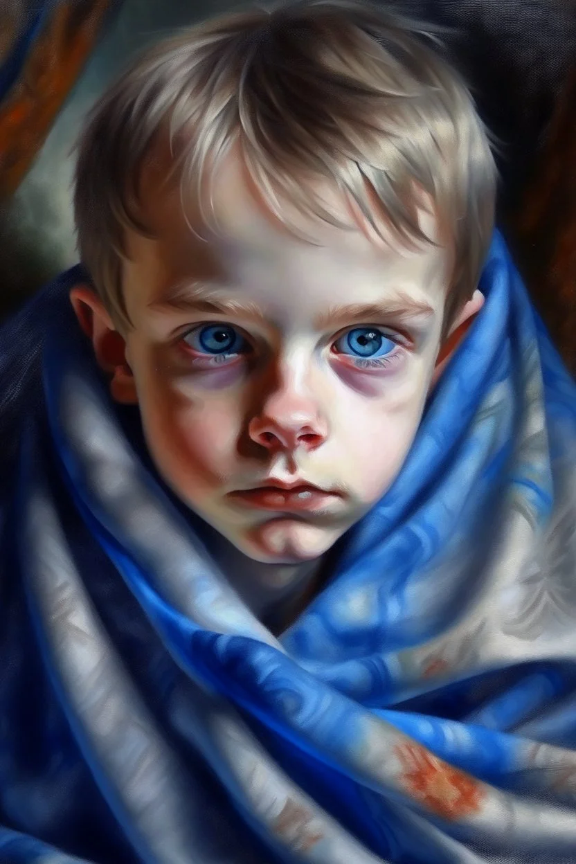 oil painting portrait of metallic slightly cute smirking innocent blue eyed vampire on a towel, bokeh , high detail, smooth render, prize winning, down light, depth of field, aura, in wind