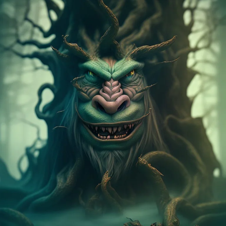 portrait photography of troll, dragon theme art, Dark moody night atmosphere, 8K, close-up face, anatomically perfect face, oak tree roots, ignore NSFW