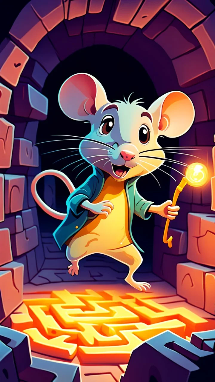 Cheese Boost / Scurry / Sneak: "A cartoon rat glowing slightly as it dashes quickly through a maze, whimsical dungeon environment, playful, exaggerated motion, fantasy illustration, vibrant colors."