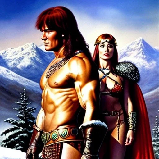 portrait of 'Conan and Red sonja',snow,mountains,horned helmet,ancient armor,painting by Earl Norem, simon Bisley,frazetta evan lee, Vallejo,kelly oil on canvas, cinematic composition, extreme detail,fit full head inside picture,8k