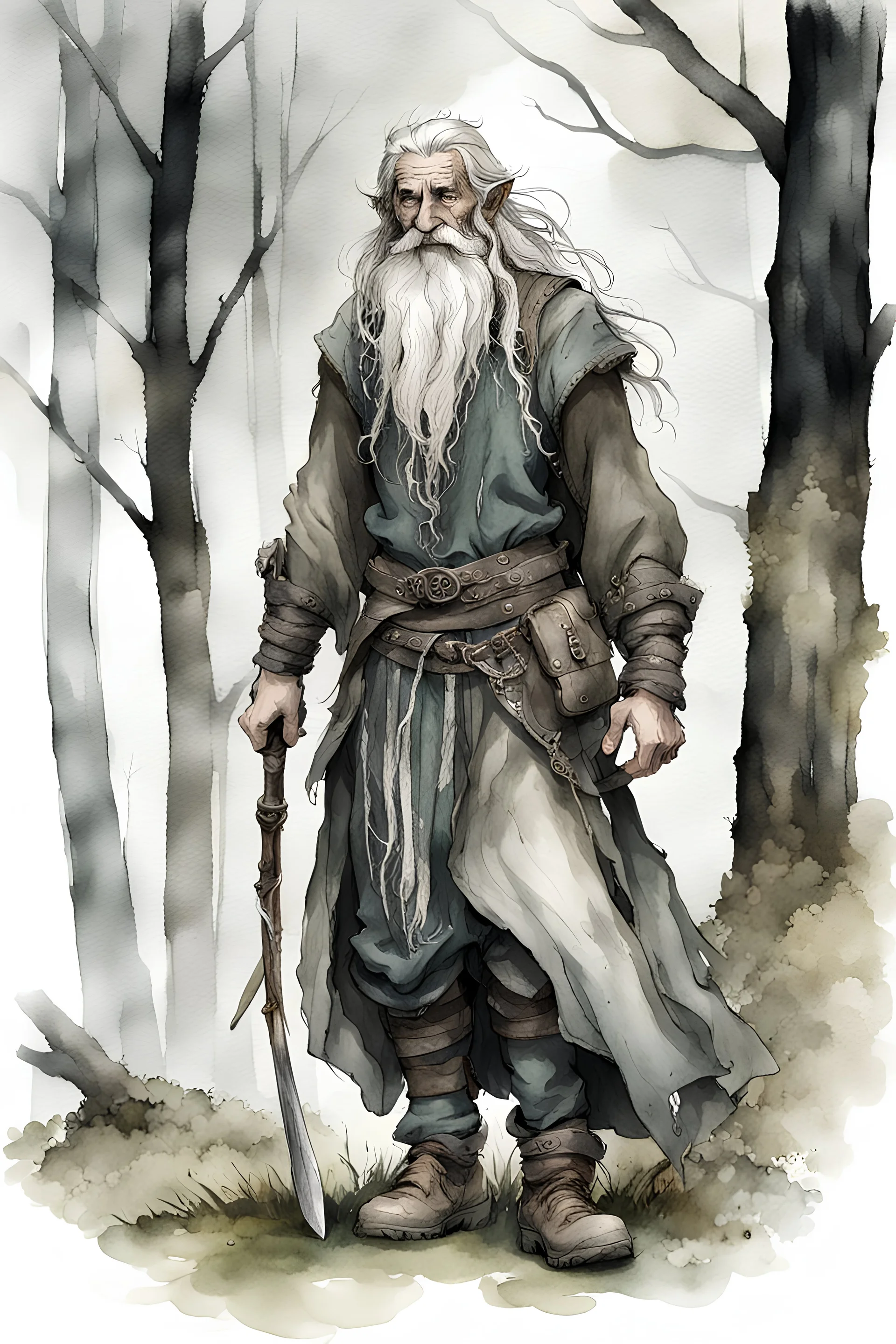 ink wash and watercolor illustration of an ancient grizzled, gnarled elf vagabond wanderer, long, grey hair streaked with black, highly detailed facial features, sharp cheekbones. His eyes are black. He wears weathered roughspun Celtic clothes, emaciated and tall, with pale skin, full body , thigh high leather boots and has a dark malevolent aura within swirling maelstrom of ethereal chaos in the comic book style of Bill Sienkiewicz and Jean Giraud Moebius , realistic dramatic natural lighting