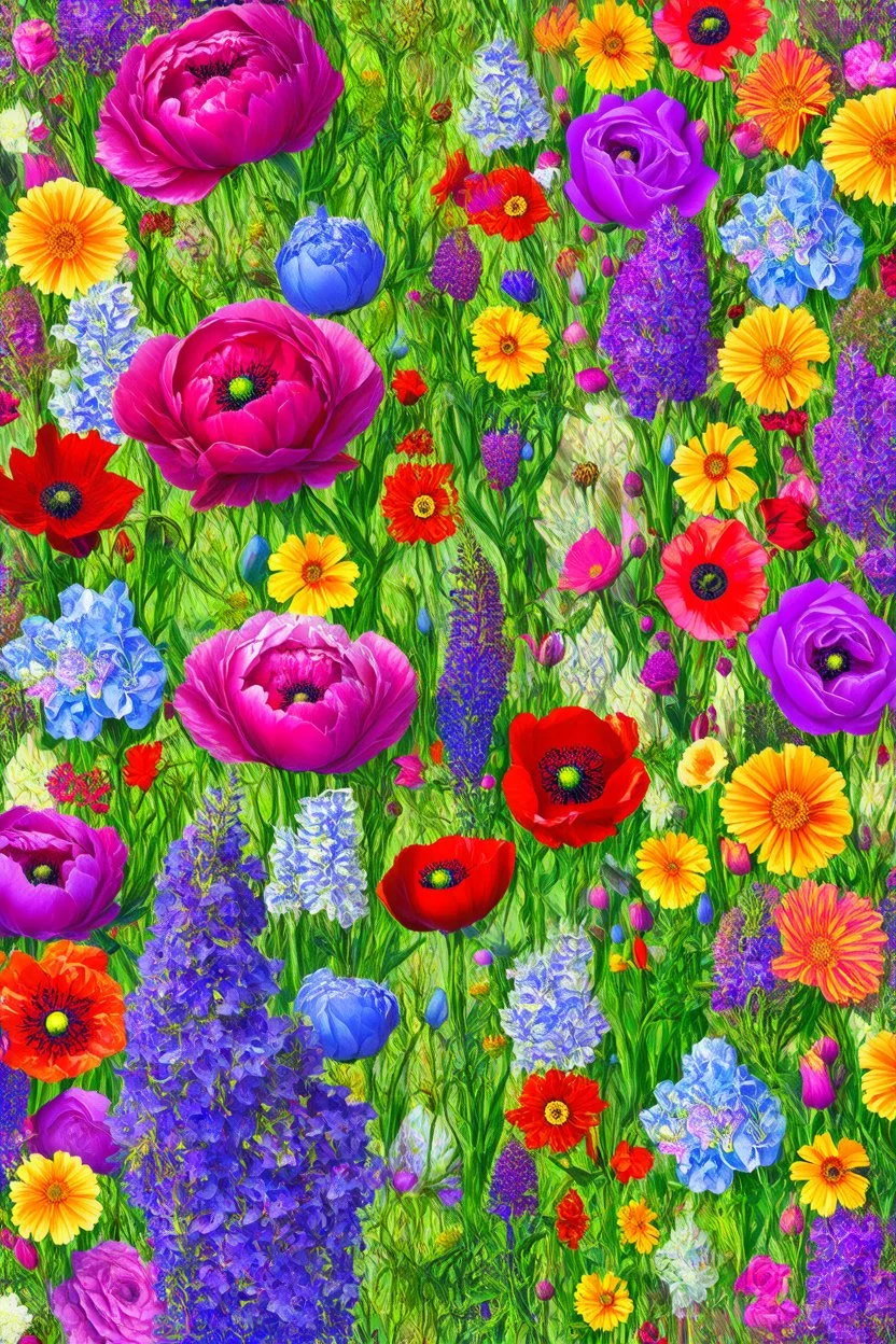 Flower mathematics; Stylized blooms of poppies, peonies, primrose, azalea, lilacs, roses, calendula with various colors and patterns; Optical Art