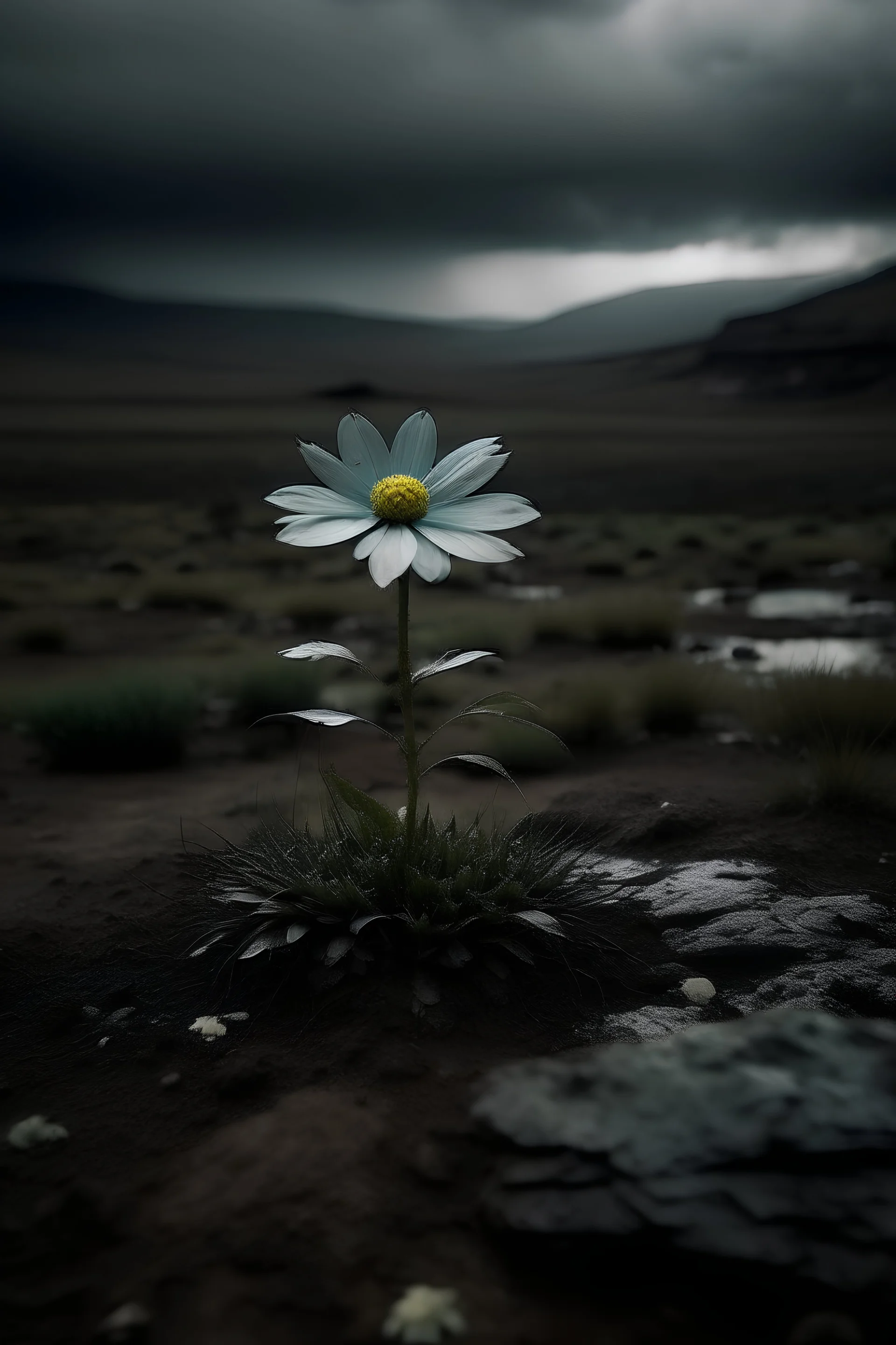 crea una imagen de un paisaje desolador y una flor única creciendo en el medio de la nada y en medio de la lluvia.