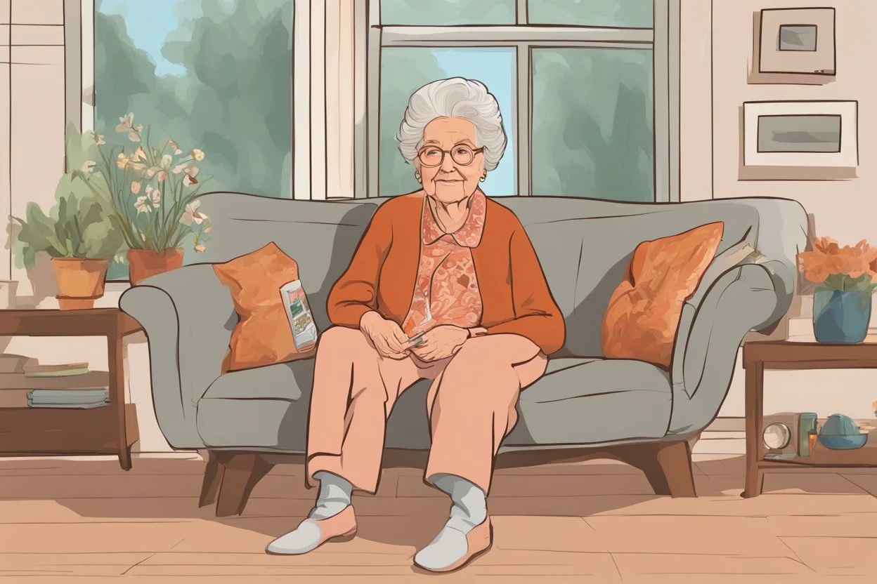 digital drawing of a Grandma sitting at her house ( sofa )