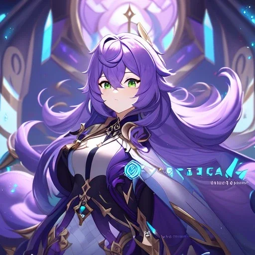 Clear focus,High resolution,Beatiful Lighting, purple long fluffy hair, long fluffy bangs, green eyes, custom genshin oc, must be wearing a short skirt, genshin impact name card, color pallete purple (XII)-cyber grape-rose vale