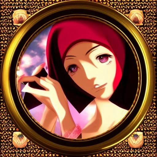 3d anime Only the face Muslim Pretty impressive women inside a circular frame,Portrait image,professional look