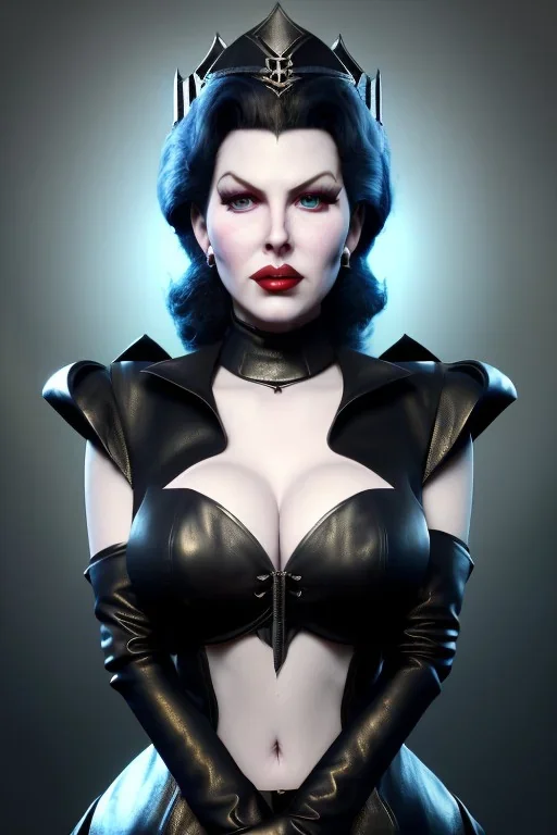 Lana Turner as evil queen in black leather, leather, busty, cleavage, angry, stern look. character design by cory loftis, fenghua zhong, ryohei hase, ismail inceoglu and ruan jia. unreal engine 5, artistic lighting, highly detailed, photorealistic, fantasy