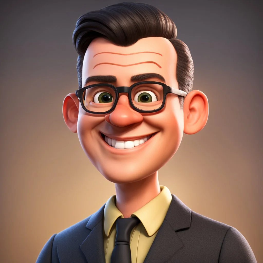 a portrait of smiling western man. caricature. black short hair. light skin. black eye pupils. rectangle eyeglasses, black frame. oval face shape. thick black goatee and moustache. wear black formal dress. pixar style. 3D. 4k. portrait. highly detailed. sharp focus. high resolution. full color. cinema lighting